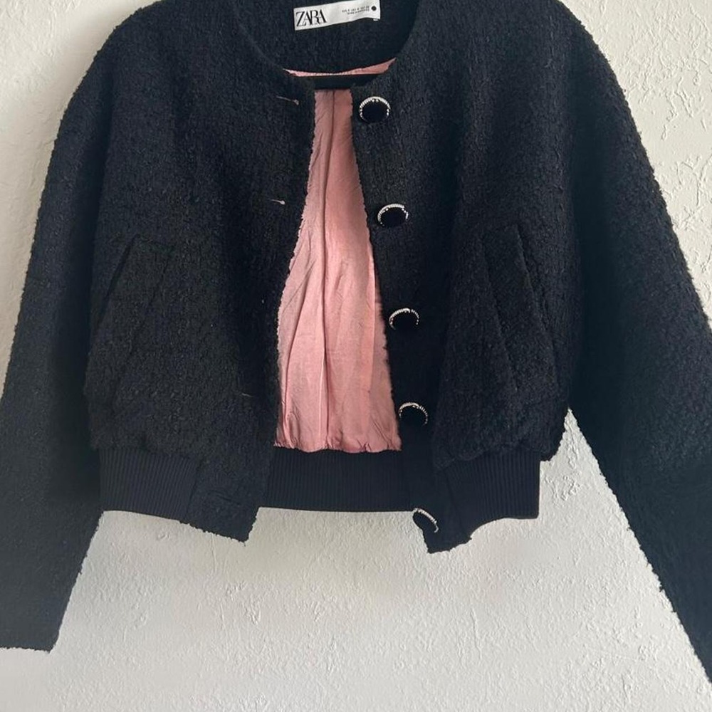 Whimsigoth Coquette Tweed Bomber Jacket Zara Black Textured Jewel Button Crop S - Picture 2 of 8